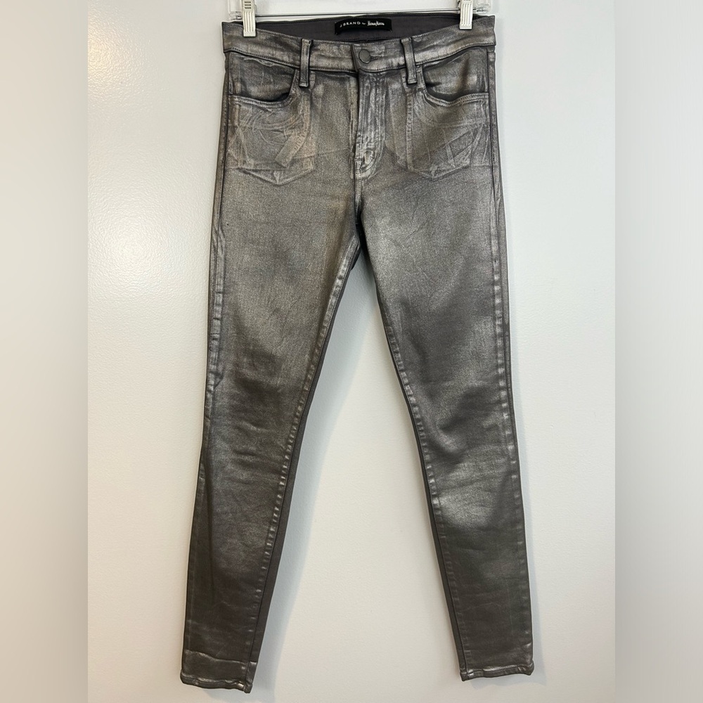 J. Brand Neiman Marcus Skinny Mid Rise Silver Chrome Crinkle Skinny Jeans 27
